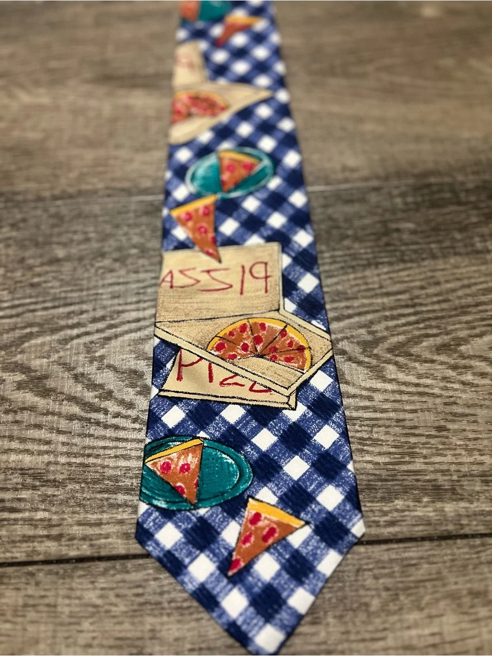 Vintage Save the Children Silk Tie - Blue Gingham Pizza Art by Caitlin (1997)
